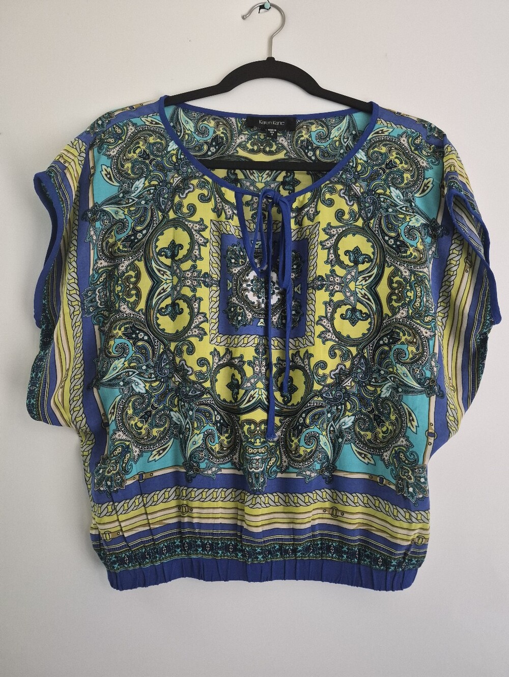 100% Viscose, Karen Kane, Paisley Blouse, Smocked Hem, Boho Top, Viscose Shirt S